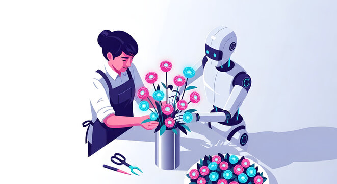 Human and robot collaborator arranging glowing flowers