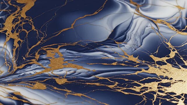 This abstract image showcases a swirling pattern of deep blues and whites interwoven with striking gold veins, resembling a luxurious marble or agate texture.