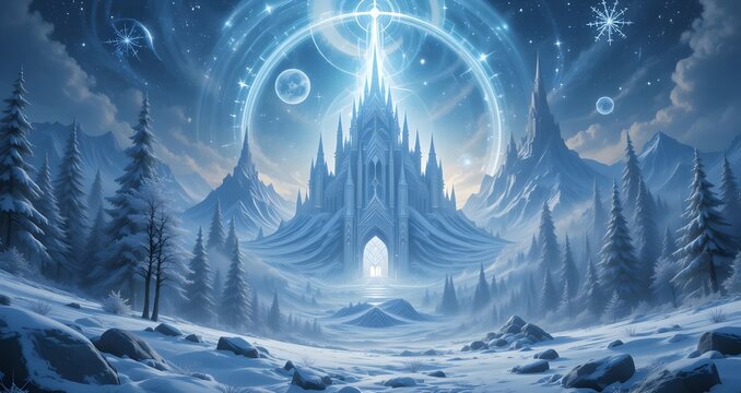 Majestic winter fantasy ice castle with glowing circular magic portal and snowflakes in starry sky. Generative AI