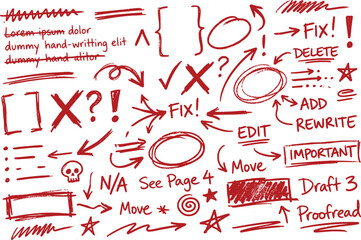 Red hand drawn correction marks and editor symbols, handwritten proofreading arrows and text notes, scribbled teacher grading elements on white background © Creative Wings
