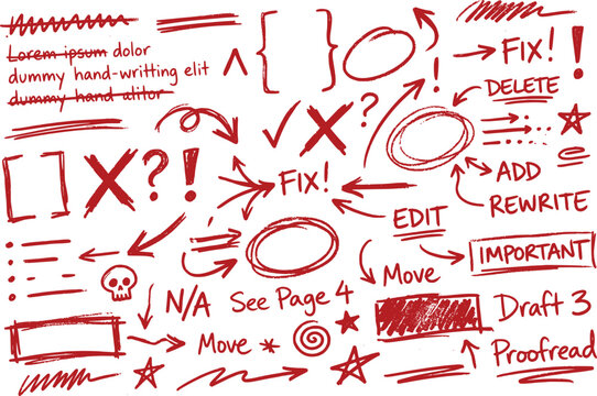 Red hand drawn correction marks and editor symbols, handwritten proofreading arrows and text notes, scribbled teacher grading elements on white background