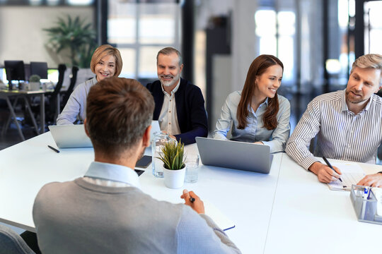 Job interview. HR asking potential candidate about skills.