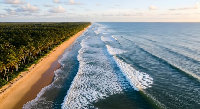 Aerial view of long tropical coastline with waves breaking on shallow water and dense palm forest.