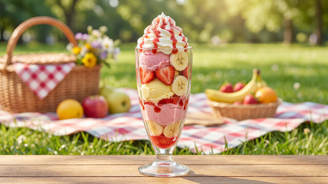 Ice cream month summer celebration strawberry banana sundae layered glass parfait picnic scene for poster design background banner template