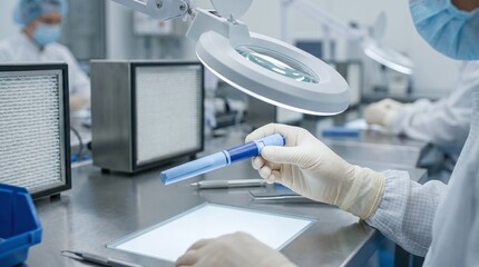 Naklejka premium Scientist in cleanroom examines medical device under illuminated magnifying lamp with air purifiers