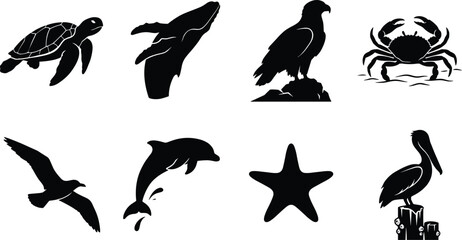 Obraz premium Marine life and coastal wildlife animal silhouettes vector set featuring sea turtle dolphin whale and eagle