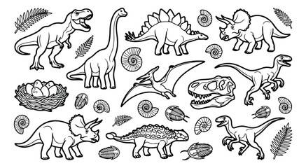 Dinosaur coloring book vector set, prehistoric animal line art collection with T-Rex and Triceratops, jurassic fossils and ancient reptile illustrations © Asma