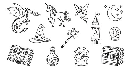 Fantasy magic line art icons set, mythical creature dragon and unicorn vectors, mystical wizard elements for coloring book and fairy tale design © Asma