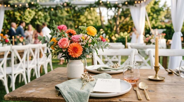 Outdoor Wedding Reception Table Setting with Floral Centerpiece and Rustic Decor for Elegant Summer Celebration