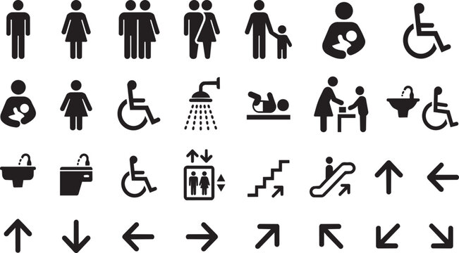 Set of universal public information signs on transparent background