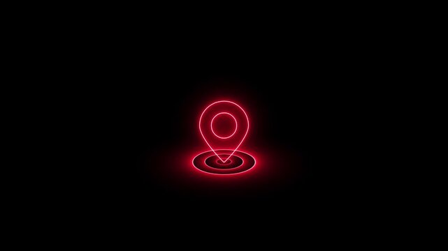 Vibrant red neon location pin marker with concentric circles radiating outwards on a dark black background symbolizing a digital interface or map application for navigation and pinpointing a