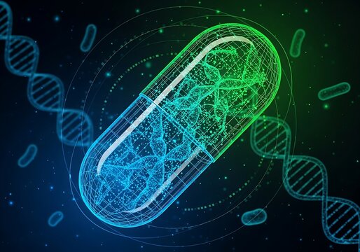 Colorful Capsule Shaped Pill with Neural Network Glow in Space