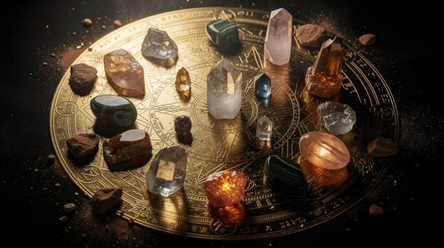 A mystical arrangement of various crystals and gemstones placed on a golden, engraved circular astrological chart.