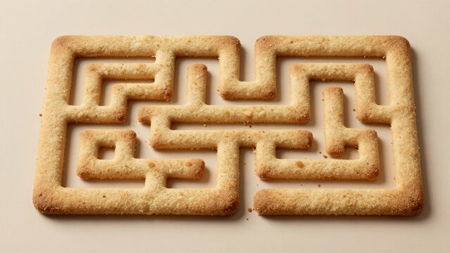 Close-up of a geometric maze made from golden-brown biscuit pieces on a neutral beige background, with detailed textures and soft focus.