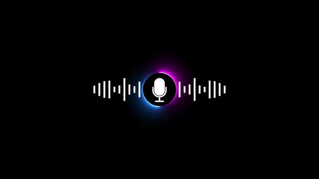 White microphone with a pink and blue neon glow surrounded by a sound wave equalizer bar on a black background representing audio recording voice command or communication technology