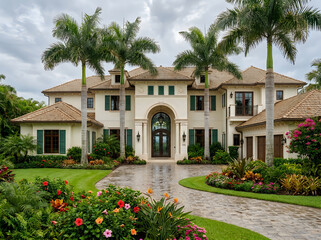 Fototapeta premium Large luxurious cream colored house with palm trees and tropical garden driveway leading to front door