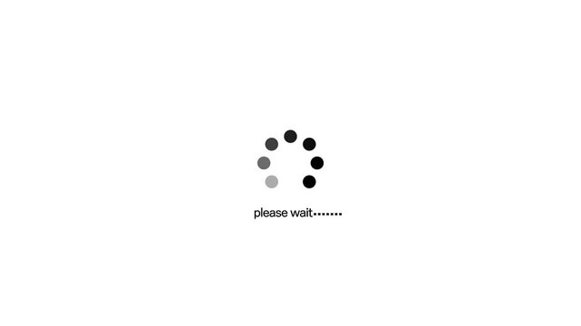 A circular loading indicator with black and grey dots and the text please wait and ellipses on a clean white background representing a pause or buffering state. Keywords: loading, indicator