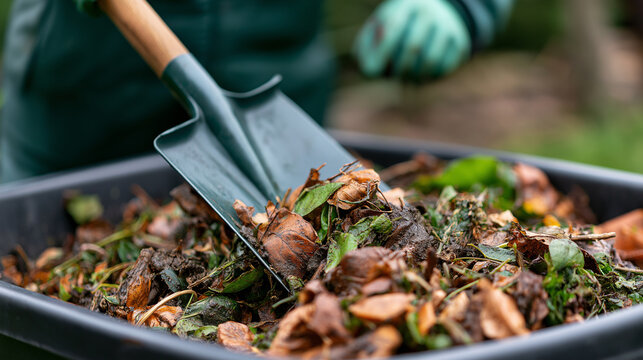 Gardener using a shovel to turn organic materials including leaves. Food scraps. And grass clippings in a compost bin