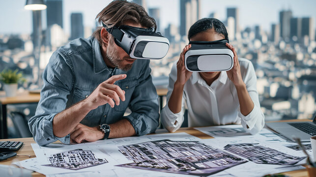 Architects using virtual reality headsets, visualizing and collaborating on innovative building designs with augmented reality blueprints in a modern office looking over a cityscape