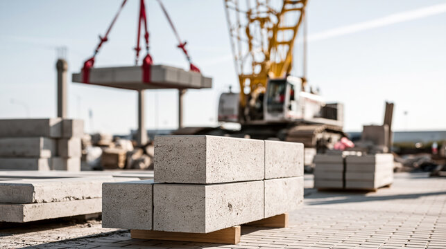 Stacking concrete blocks in the foreground on a fresh paved surface, a large crawler crane operates in the blurry background