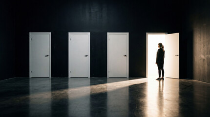 Fototapeta premium Woman standing before an open door with bright light, contemplating choices