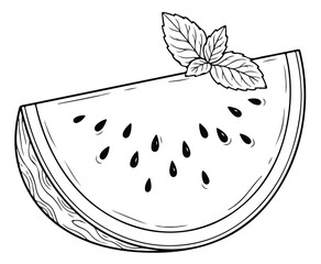 Hand drawn watermelon slice with mint leaf, black and white fruit sketch vector, botanical line art illustration for coloring book © Asma