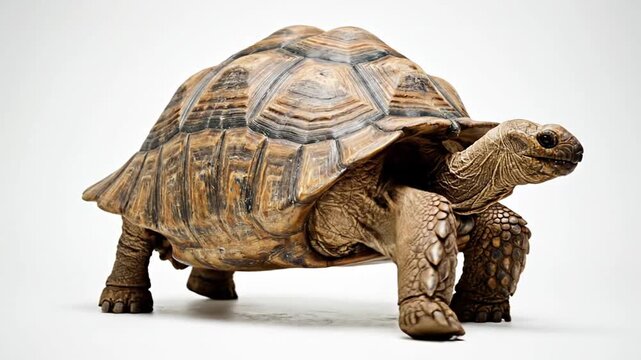 Giant African Spurred Tortoise Walking Slowly on White Studio Background
