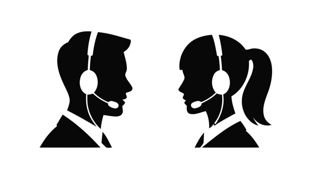 Two customer service representatives wearing headsets facing each other in profile