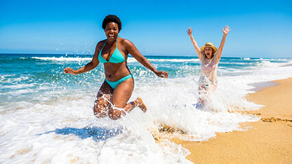 Naklejka premium National Bikini Day beach woman jumping waves summer ocean friends cheering vacation tropical lifestyle energy freedom celebration diverse excitement happiness