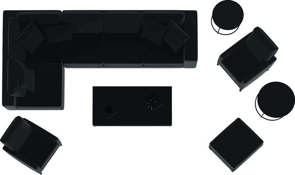 Living room furniture set top view silhouette including sectional sofa armchair coffee table and side tables vector