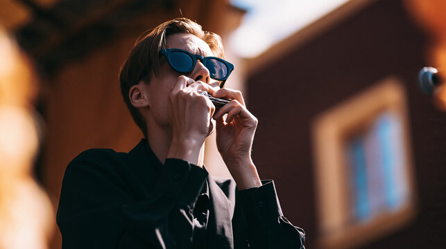 Musician playing a harmonica while wearing sunglasses, channeling focus and passion into a musical performance on a sunny outdoor day