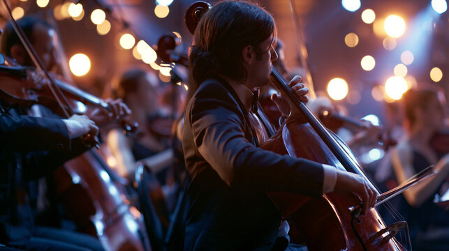 Orchestral cellist passionately playing classical music during a sophisticated concert performance, surrounded by musicians and warm bokeh lights on stage