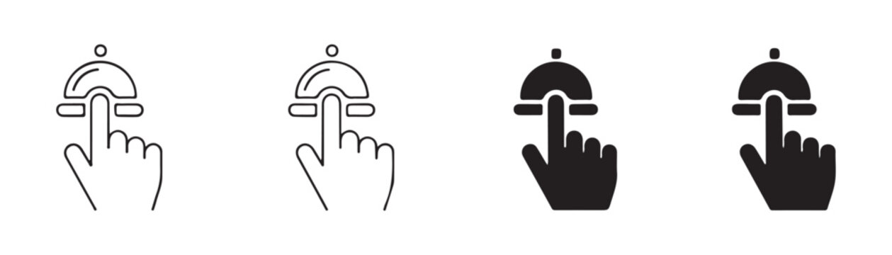 Hand pressing service bell icons set in linear and solid styles for hotel or reception interface use.