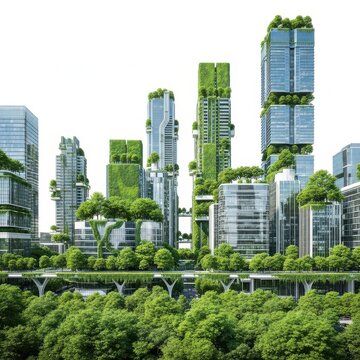Modern green city skyline with tall eco friendly skyscrapers and trees isolated on white background