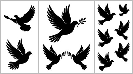 Naklejka premium Collection of black silhouette flying doves with olive branches symbolizing peace and freedom vector illustration