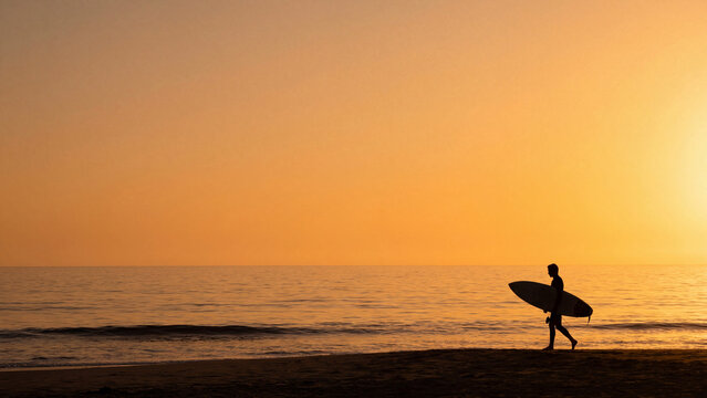 Summer beach sunset surfer silhouette golden hour backlight ocean lifestyle peaceful inspiring scene for poster design background wallpaper banner