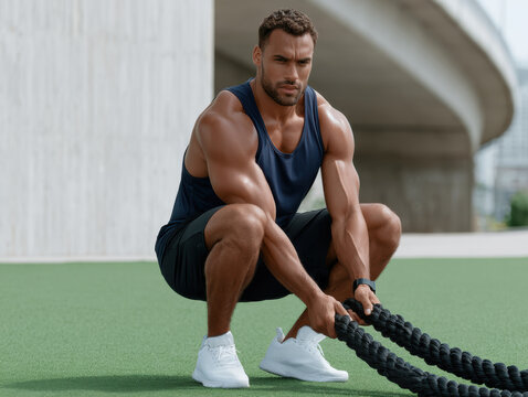 Athletic man outdoor exercise rope muscular fit strength training sportswear determined focus