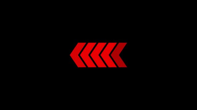 A row of five bright red chevron arrows pointing to the left, each slightly darker than the one before it, set against a deep black background, signifying a backward movement or a reverse process