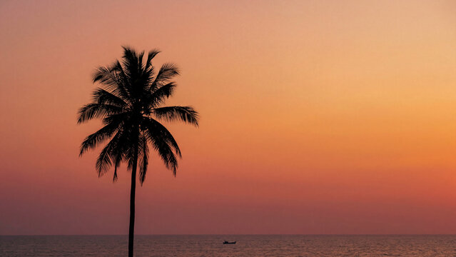 Tropical palm tree silhouette sunset ocean beach golden hour peaceful vacation paradise scene for poster design background wallpaper banner template