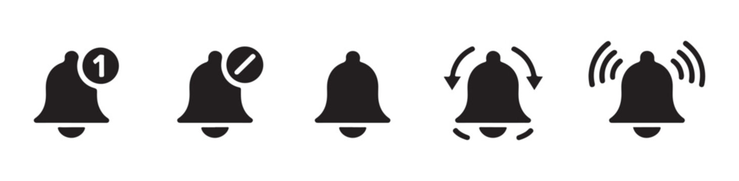 Notification bell icon set with various status indicators for mobile apps and website design layouts.