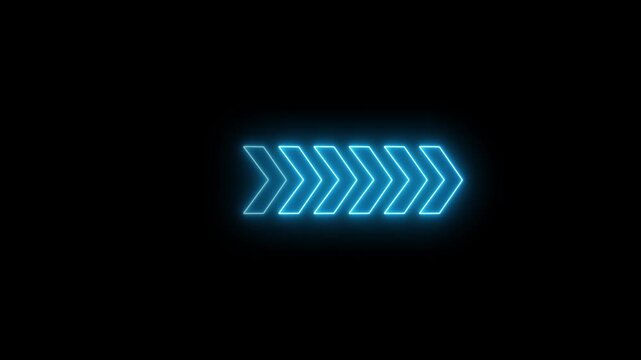 A single, sharp, light blue chevron arrow pointing to the right, isolated and glowing subtly against a completely black background, representing a singular direction or a focused digital Keywords