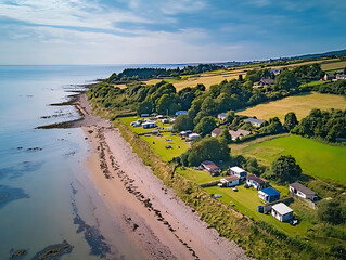 Fototapeta premium Aerial View of a Coastal Campsite with Beach and Green Fields.