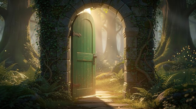 A mystical green wooden door set in an ancient stone archway opens to a sunlit, enchanted forest filled with ivy and glowing light.