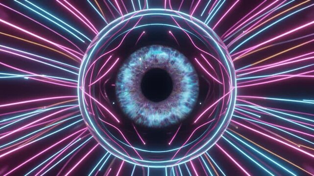 Close-up of a Human Eye Surrounded by Neon Pink and Blue Rings iris pupil animation