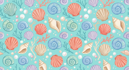 Fototapeta premium Colorful Seashell Pattern - Tropical Beach Summer Ocean Life Background