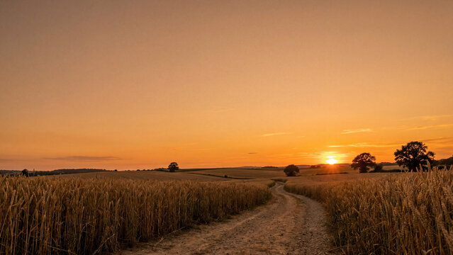 Summer sunset golden hour wheat field path leading lines peaceful rural countryside scene for poster design background wallpaper banner template