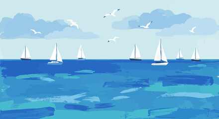 Naklejka premium Sailing boats on blue ocean with seagulls and clouds