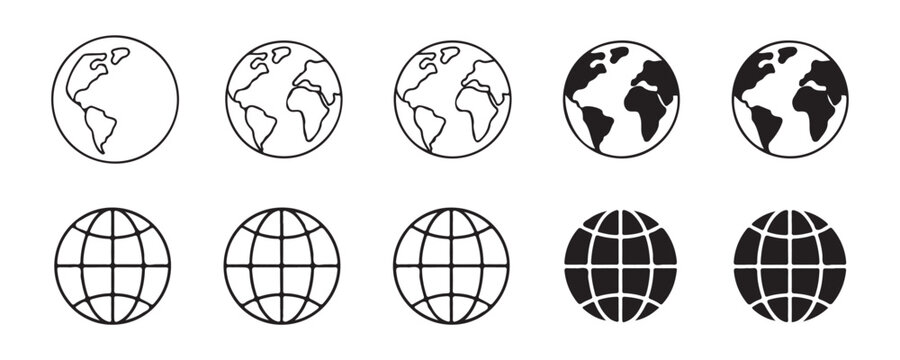 Earth planet globe icons set with outline and solid continent shapes for global travel and geography.
