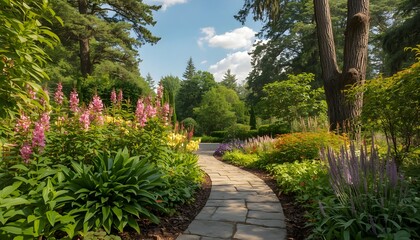 Obraz premium Stone Garden Pathway Through Colorful Flower Garden on Sunny Day 