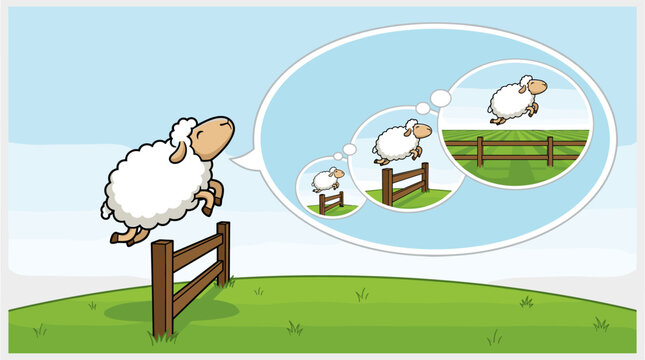 Cute cartoon sheep jumping over a fence while dreaming of counting sheep to fall asleep vector illustration